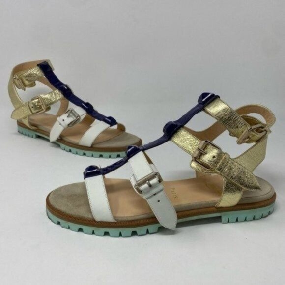 Authentic Christian Louboutin Rock N Buckle Colorblock Leather Gladiator Sandals - Picture 1 of 7